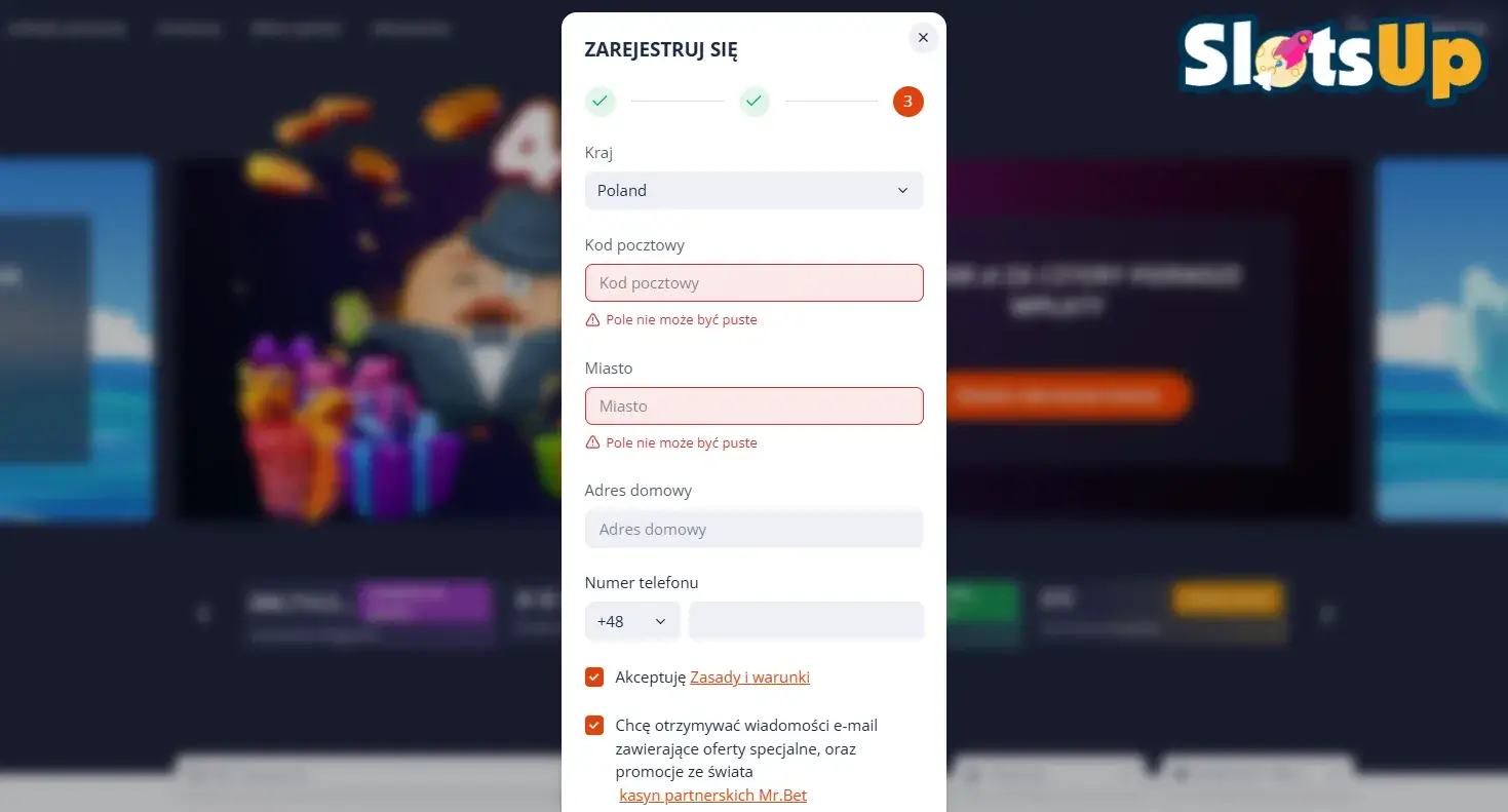 Rejestracja w kasynie online Mr.Bet Krok 3